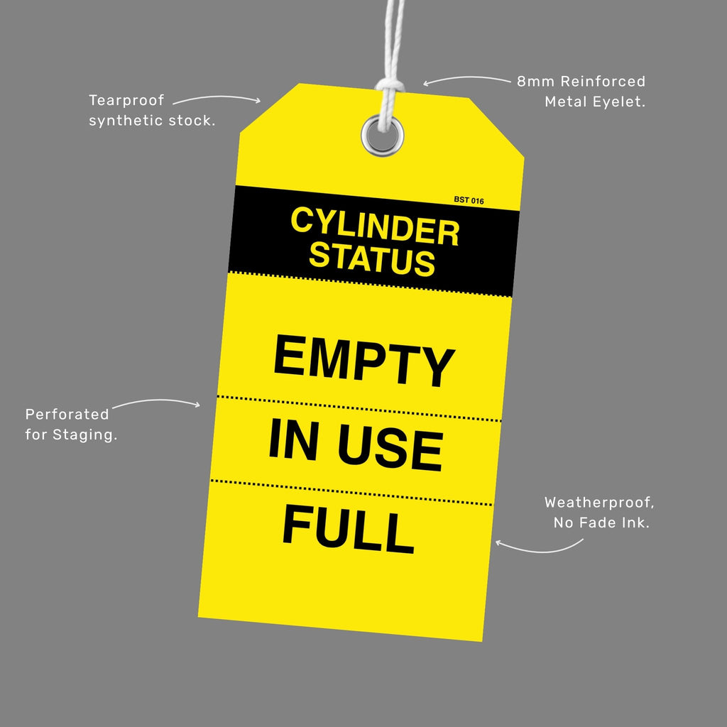BST 016 safety tag benefits callout highlighting gas cylinder tracking and compressed gas management