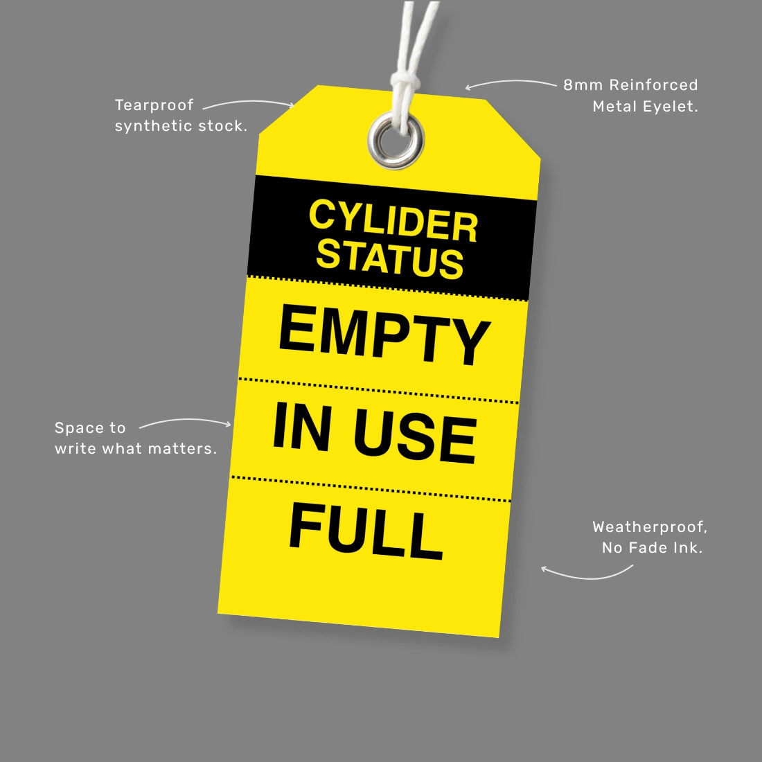 BST 016 safety tag benefits callout highlighting gas cylinder tracking and compressed gas management