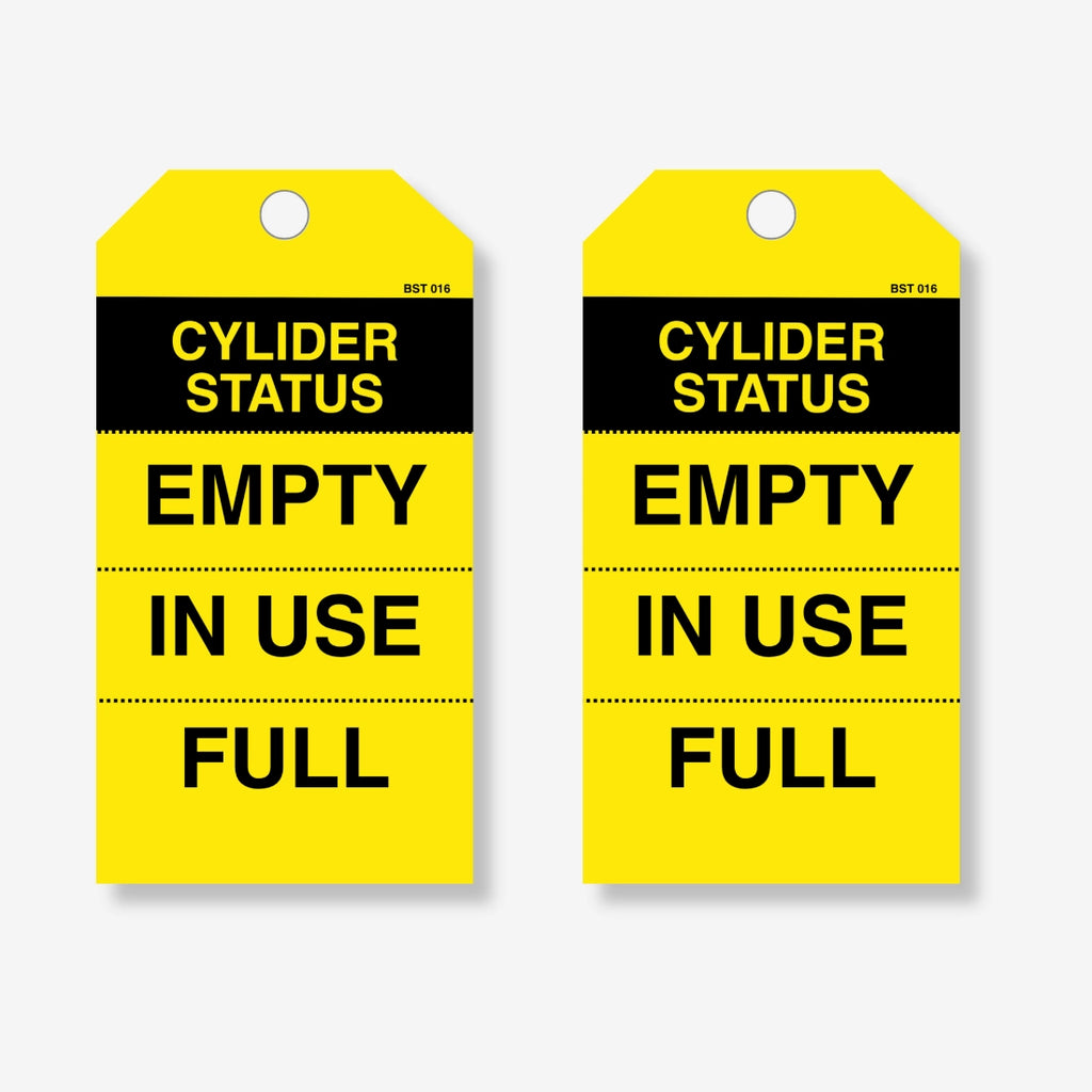 BST 016 Cylinder Status safety tag layflat view displaying fields for gas type, fill status, and inspection dates