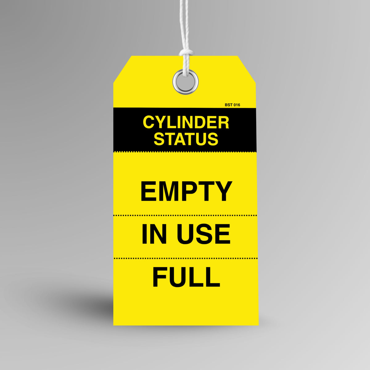 BST 016 Cylinder Status safety tag in yellow, upright view showing complete tag design by Brute Safety Products
