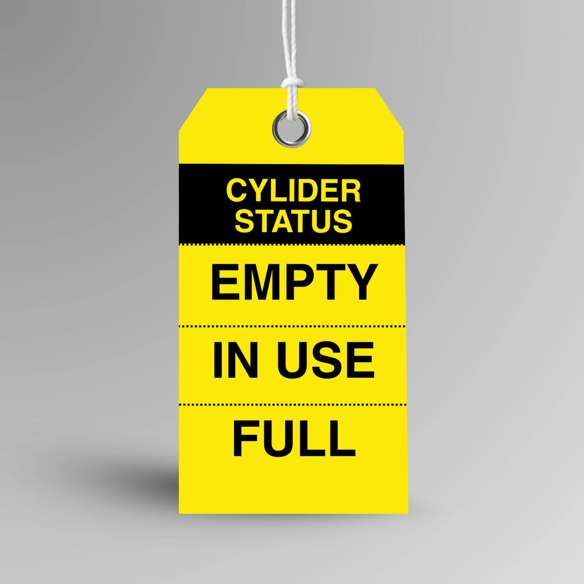 BST 016 Cylinder Status safety tag in yellow, upright view showing complete tag design by Brute Safety Products
