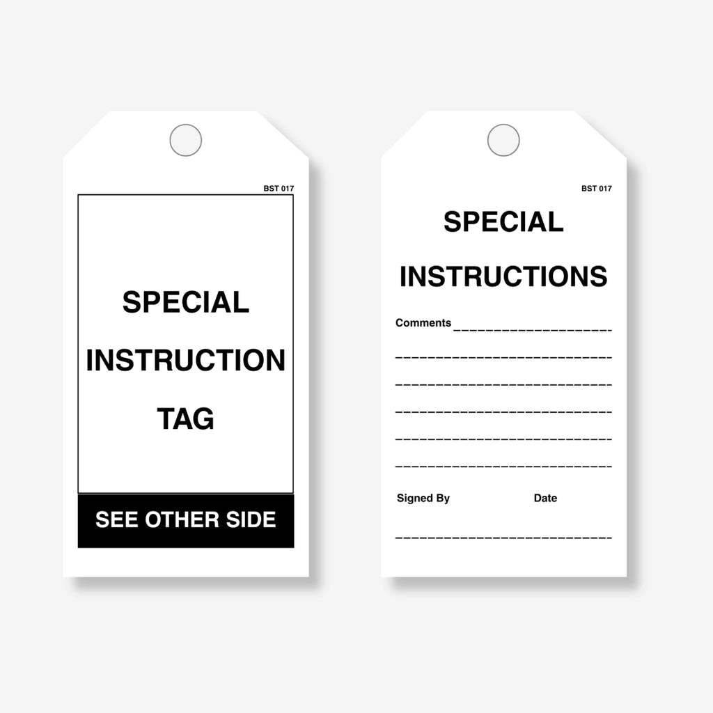 BST 017 Special Instructions safety tag layflat view displaying text fields for detailed procedure documentation