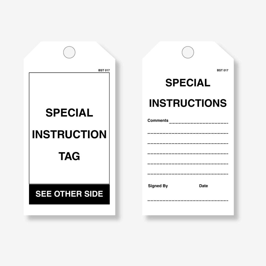 BST 017 Special Instructions safety tag layflat view displaying text fields for detailed procedure documentation