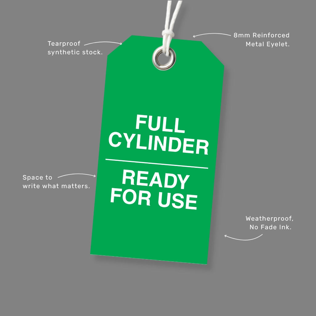 BST 021 safety tag benefits callout highlighting quick identification of ready to use gas cylinders