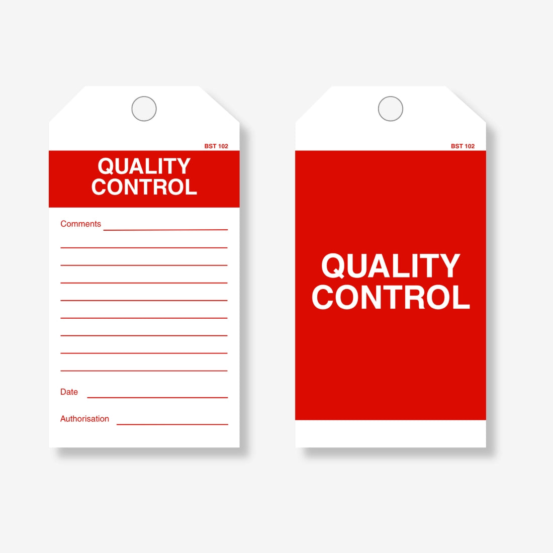 BST 102 Quality Control safety tag layflat view displaying inspection tracking and compliance documentation fields
