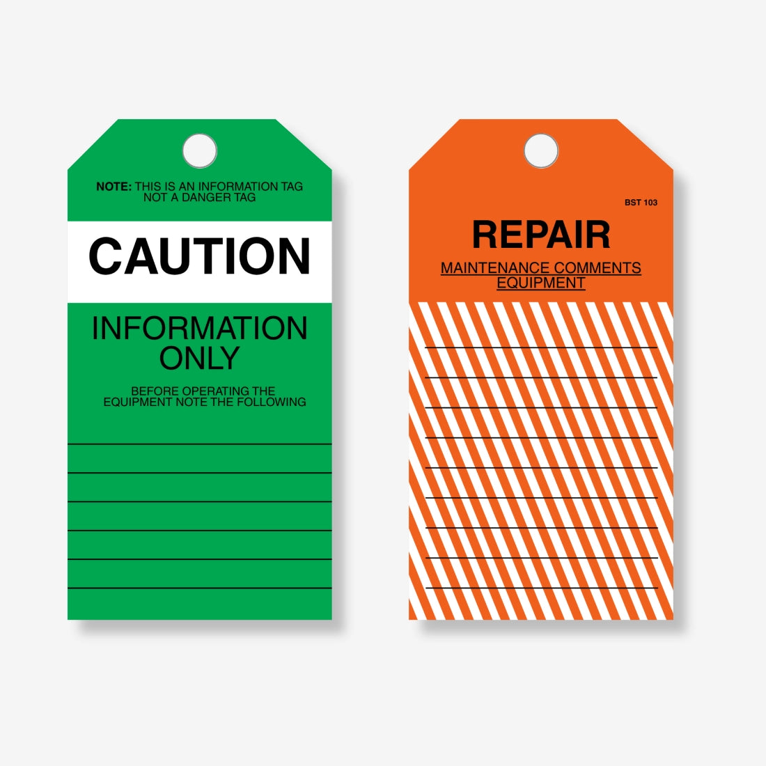 BST 103 Caution Repair safety tag layflat view displaying extended text area for detailed fault descriptions