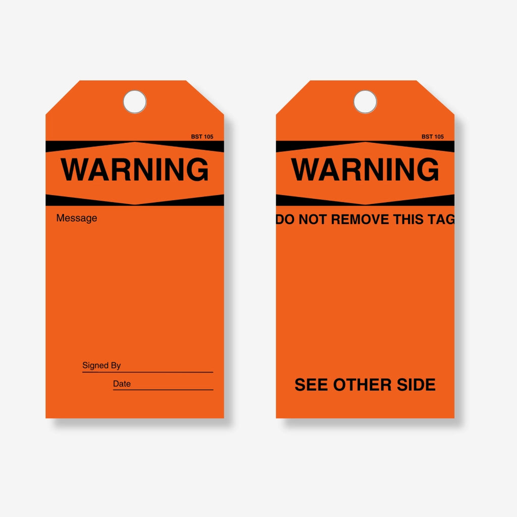 BST 105 Warning Do Not Remove safety tag layflat view displaying removal warning and authorisation fields