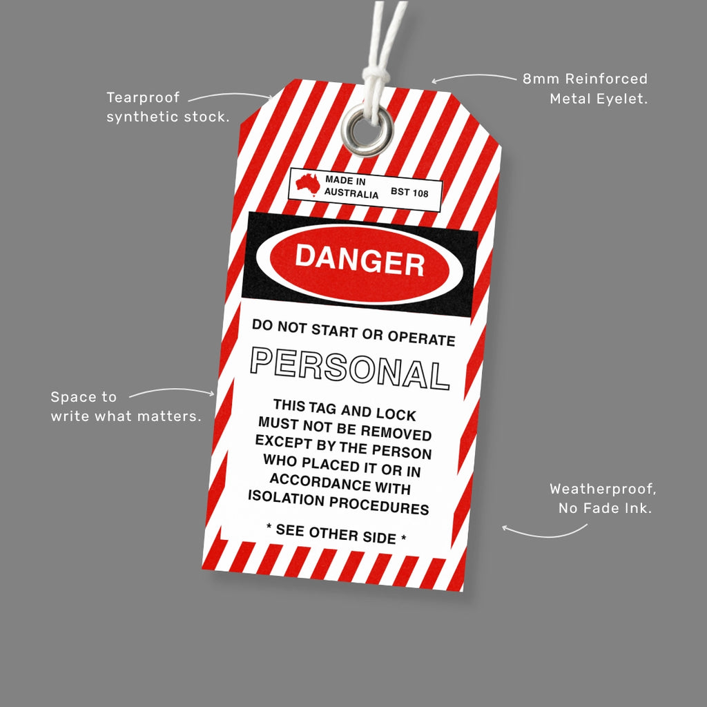 BST 108 safety tag benefits callout highlighting individual worker protection and personal LOTO accountability