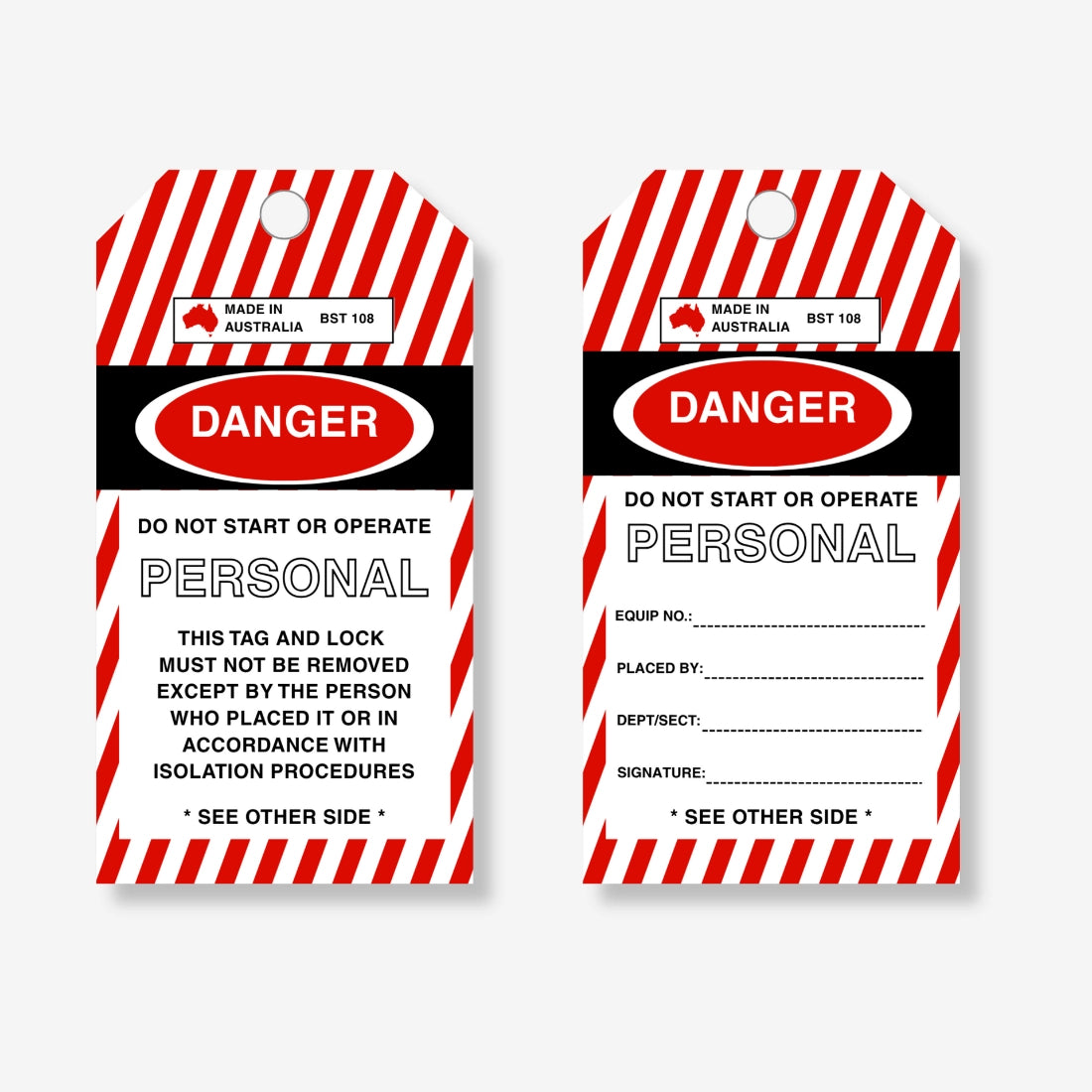 BST 108 Personal Danger safety tag layflat view displaying worker name fields and personal lockout documentation