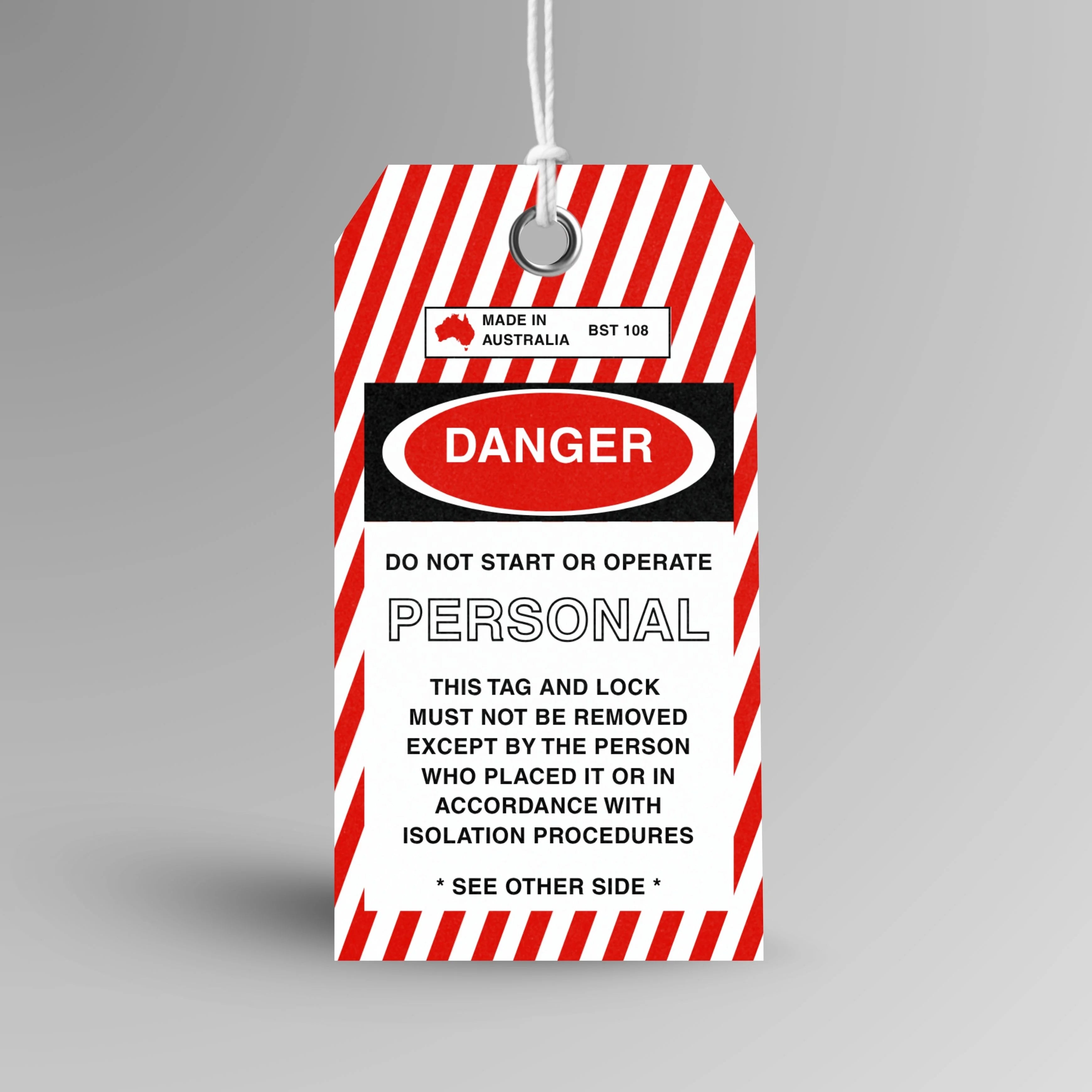 BST 108 Personal Danger safety tag in red, upright view showing complete tag design by Brute Safety Products