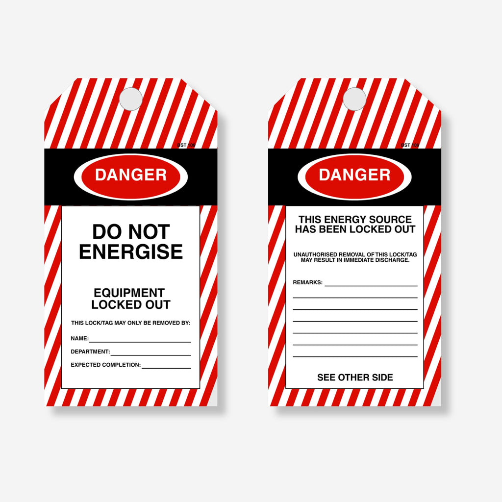 BST 109 Do Not Energise Tag layflat view showing reverse side with energy source locked out warning, remarks fields, name, department and expected completion fields Image