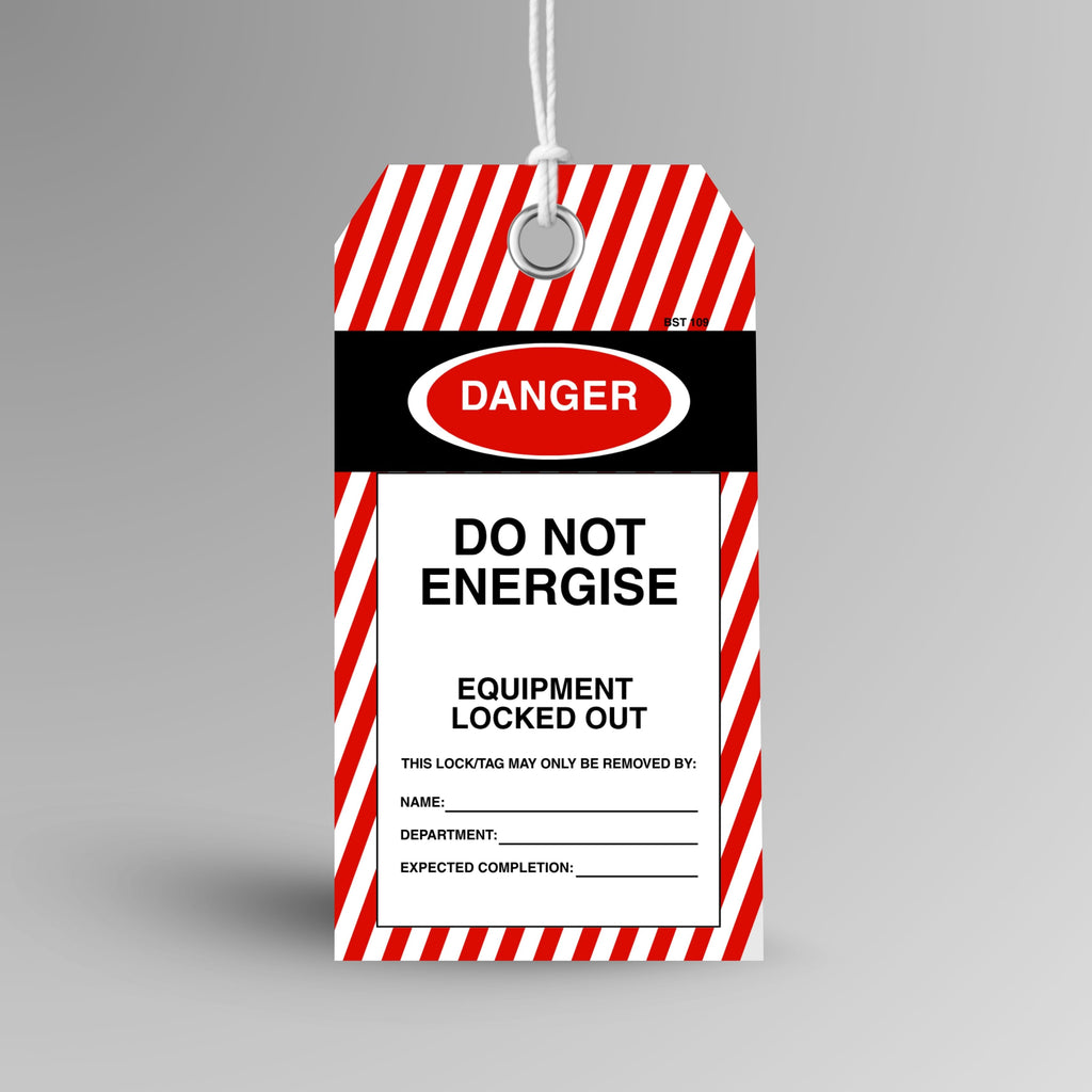 BST 109 Do Not Energise Tag upright view showing red and white danger design with bold Do Not Energise and Equipment Locked Out text on front face