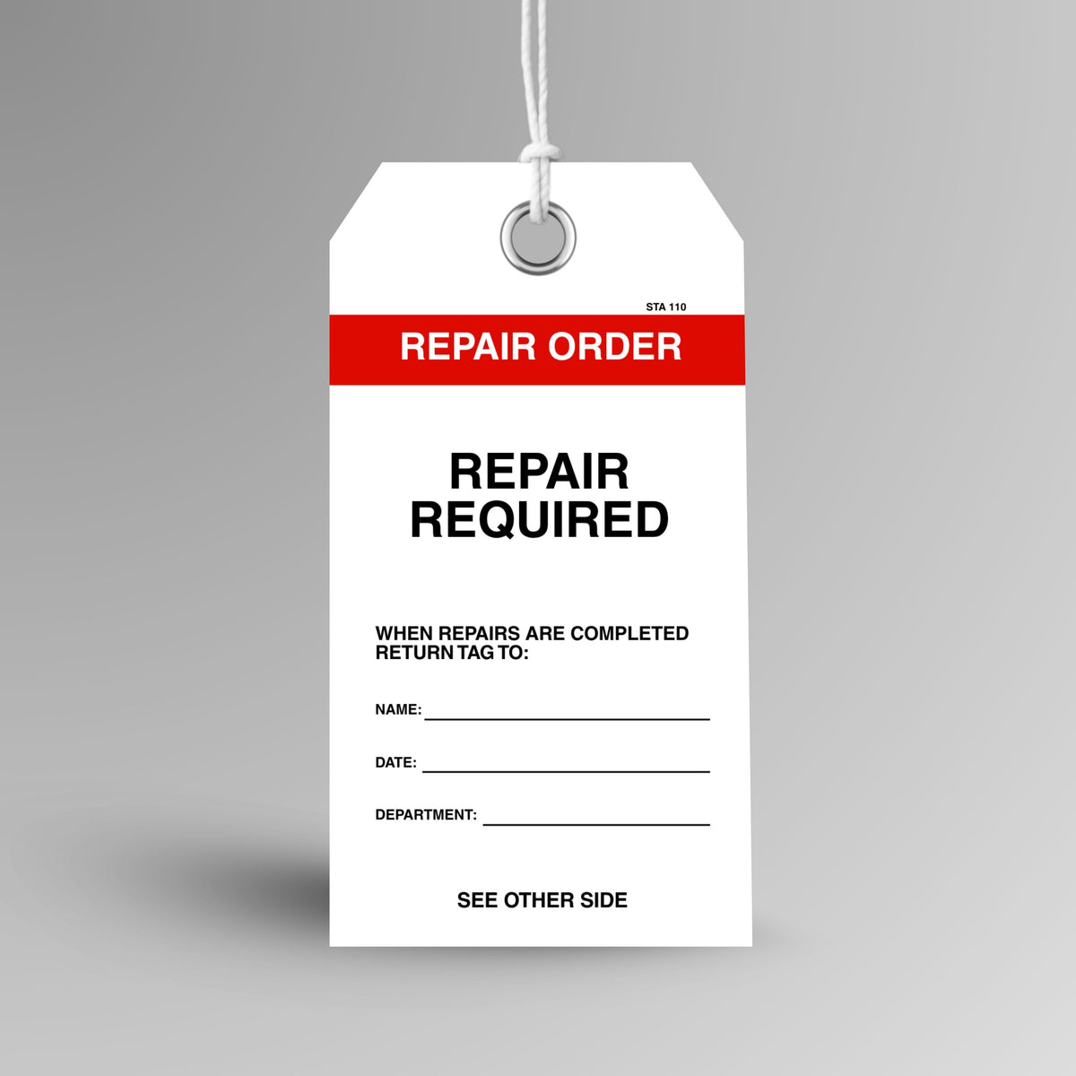 BST 110 Repair Order Tag upright view showing white tag with bold red Repair Order header band and Repair Required text with writable fields on front face