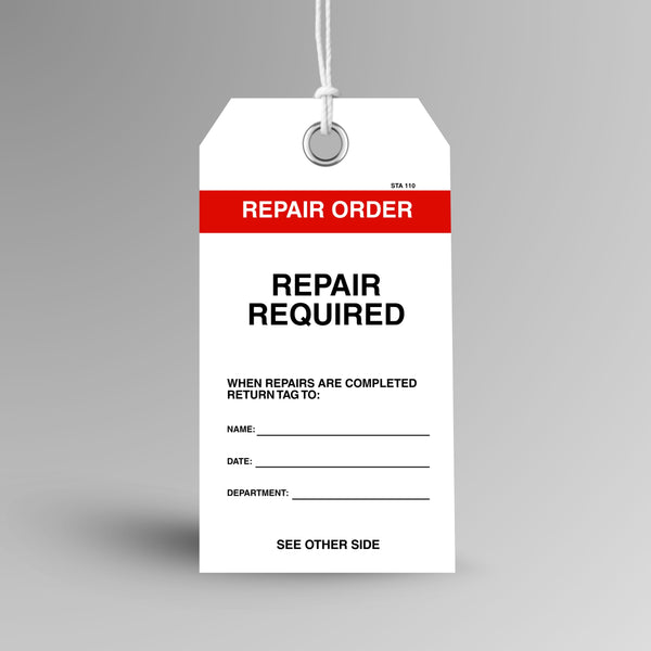 BST 110 Repair Order Tag upright view showing white tag with bold red Repair Order header band and Repair Required text with writable fields on front face