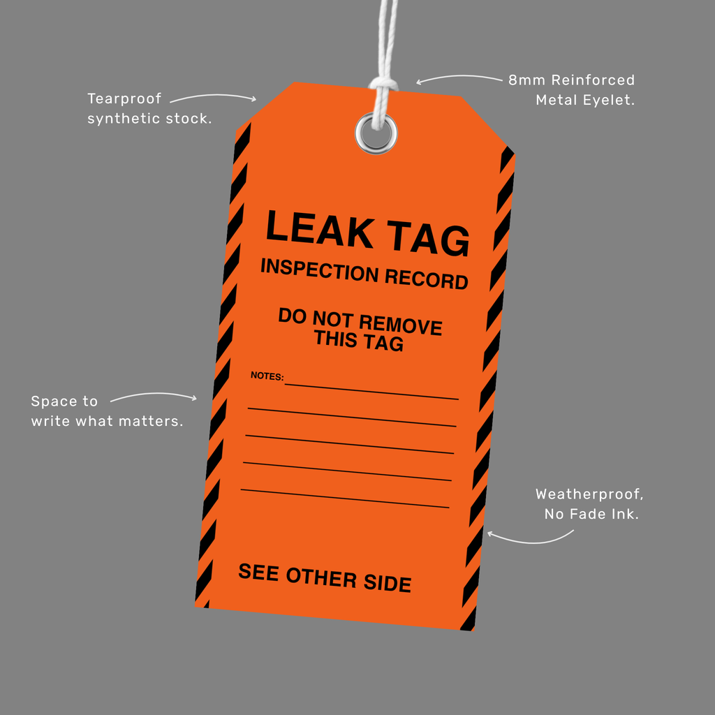 BST 111 Leak Inspection Tag features callout showing orange polypropylene construction, pre printed classification system, reinforced eyelet and notes section detail