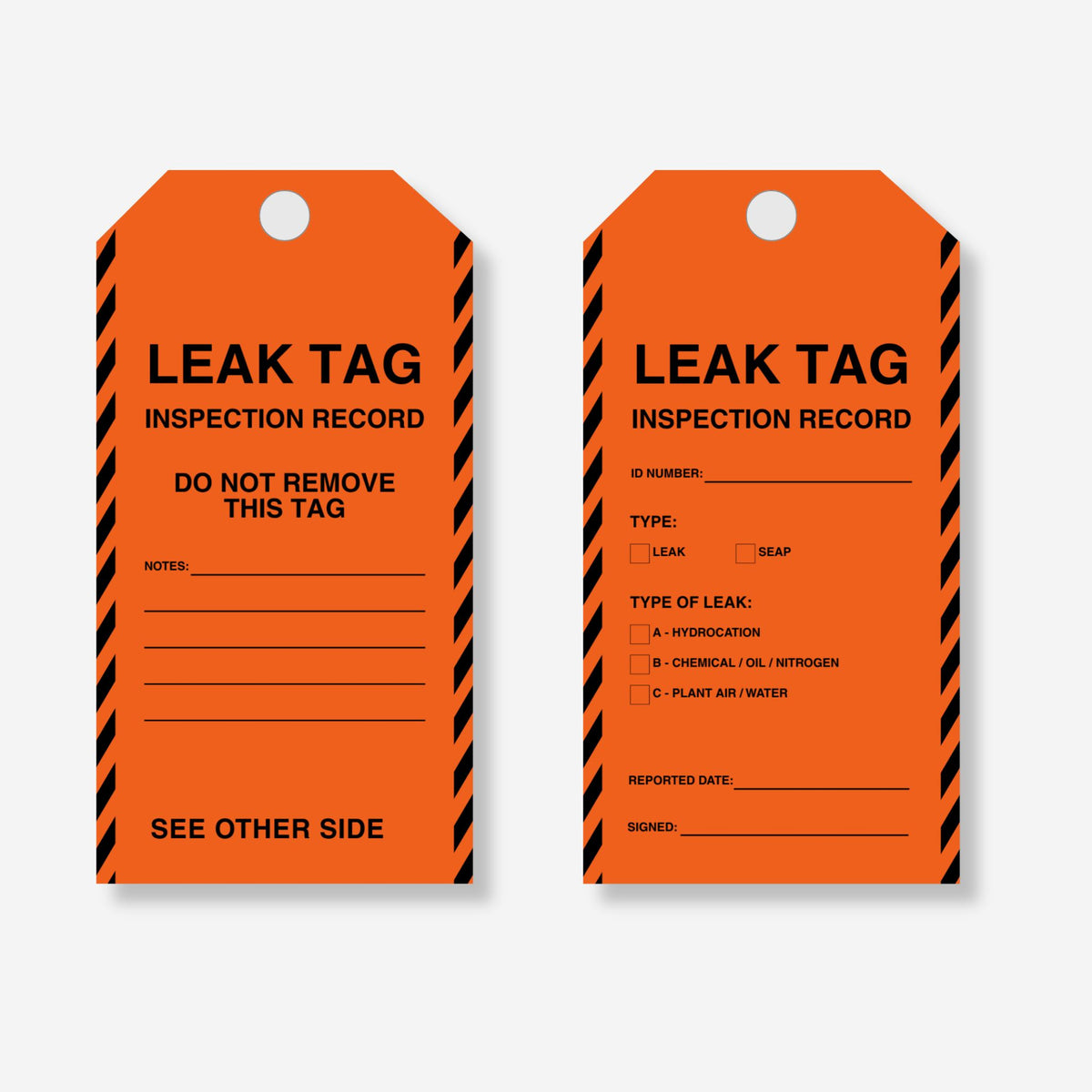 BST 111 Leak Inspection Tag layflat view showing reverse side with leak type tick boxes, type of leak classification categories, ID number, reported date and signed fields