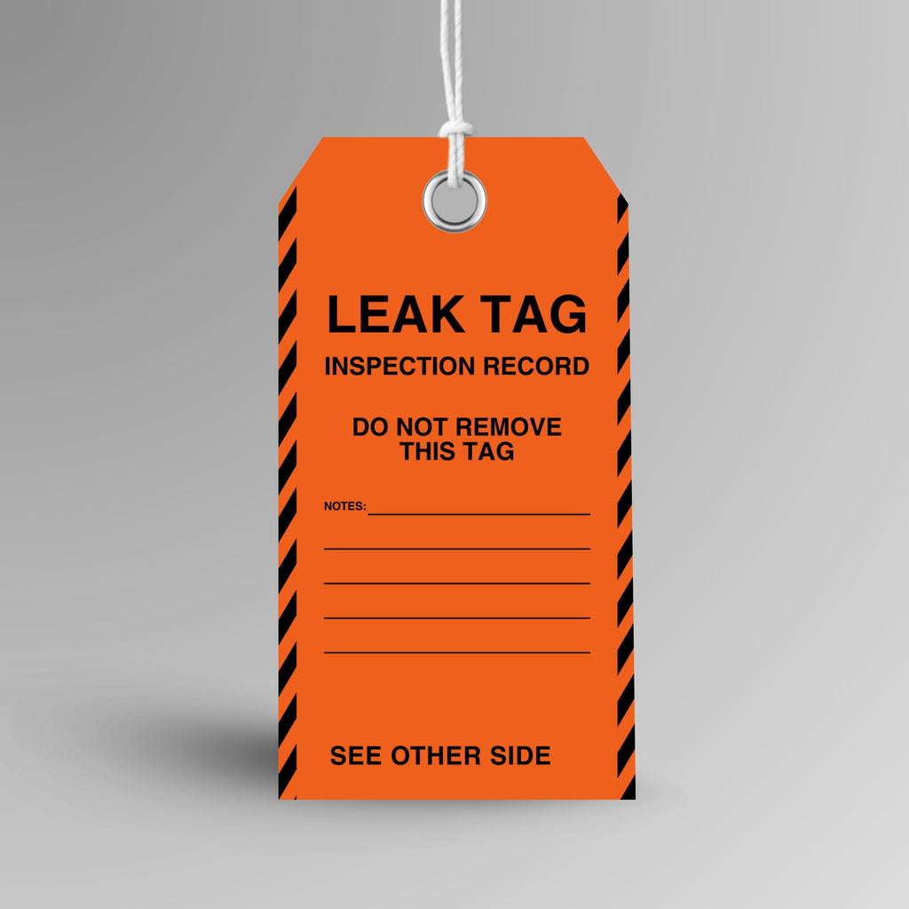 BST 111 Leak Inspection Tag upright view showing bright orange tag with bold Leak Tag Inspection Record header and Do Not Remove This Tag instruction on front face