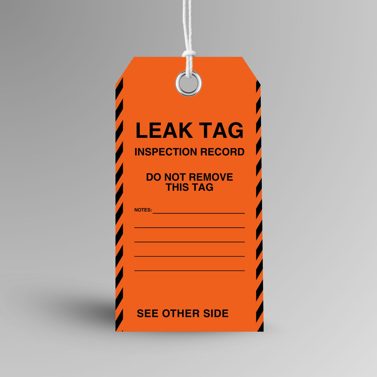 BST 111 Leak Inspection Tag upright view showing bright orange tag with bold Leak Tag Inspection Record header and Do Not Remove This Tag instruction on front face