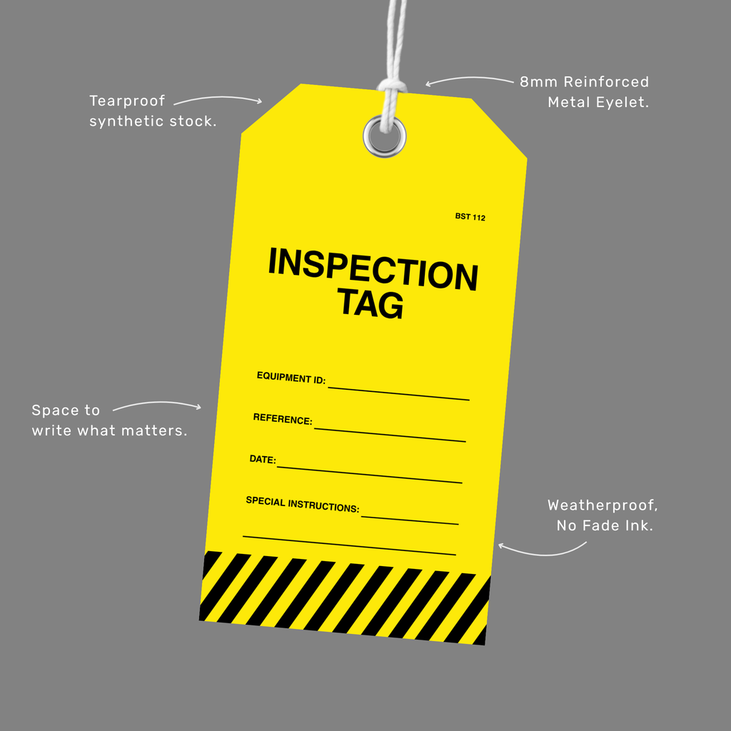 BST 112 Inspection Tag features callout showing yellow polypropylene construction, black hazard stripe detail, multi cycle table format and reinforced eyelet