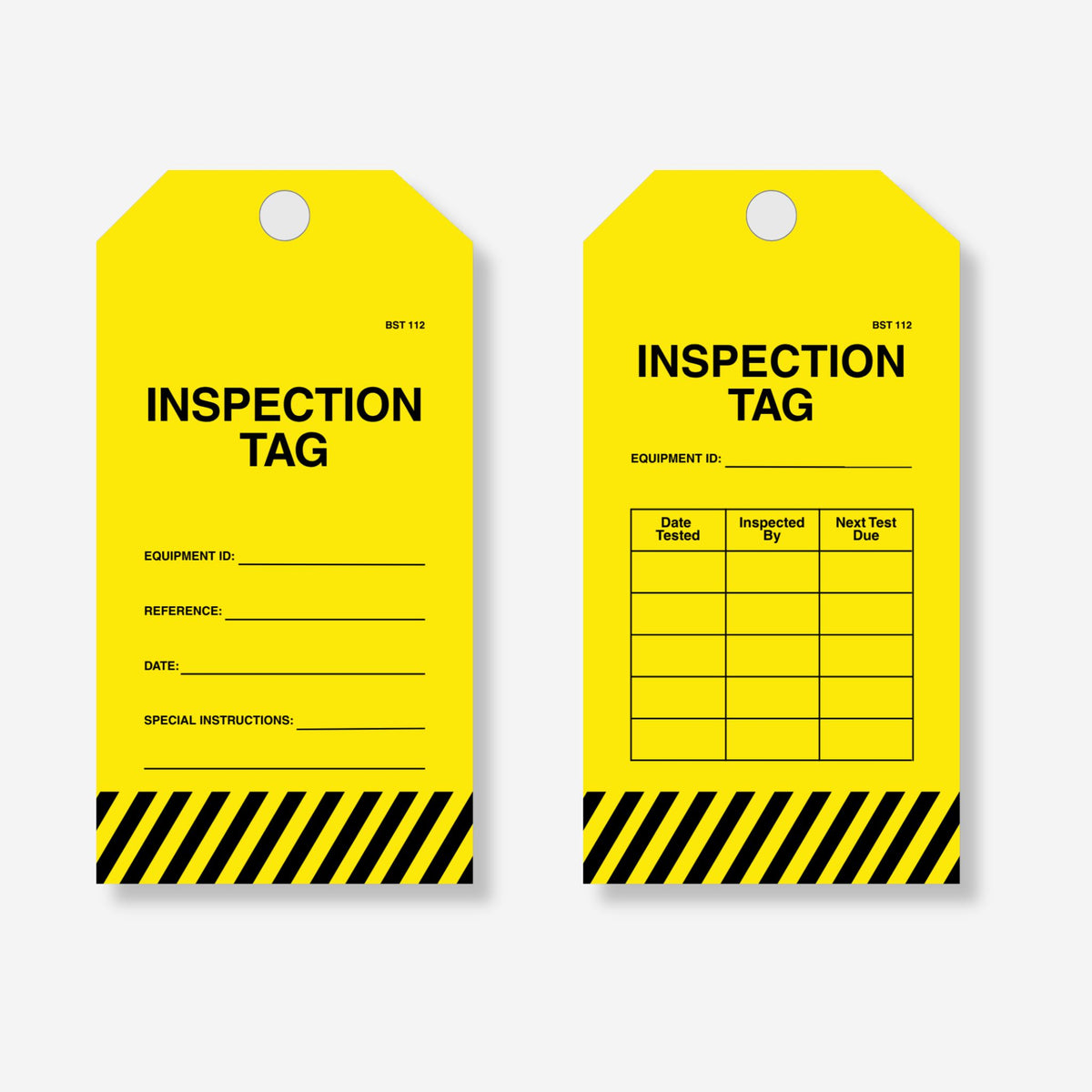 BST 112 Inspection Tag layflat view showing reverse side with pre printed multi row inspection table featuring date tested, inspected by and next test due columns