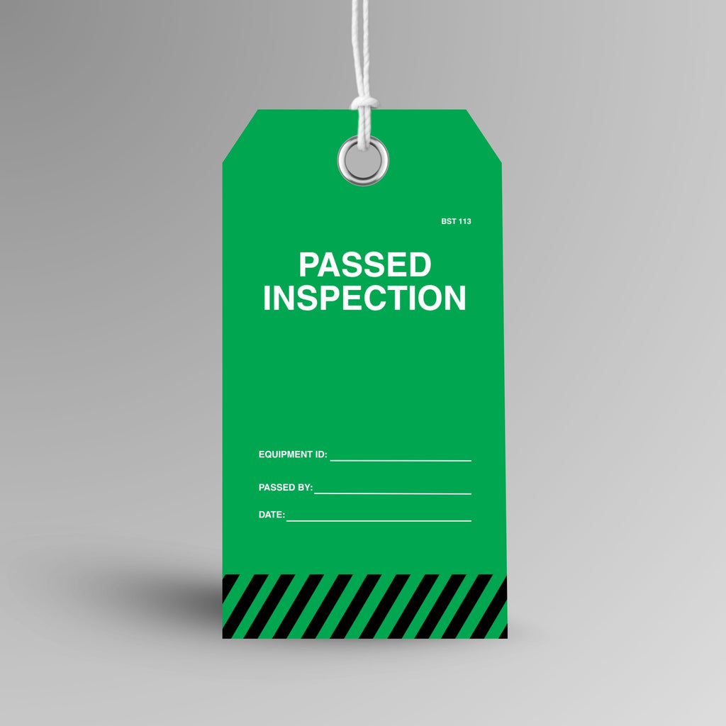 BST 113 Passed Inspection Tag upright view showing bright green tag with bold white Passed Inspection text and See Other Side instruction on front face