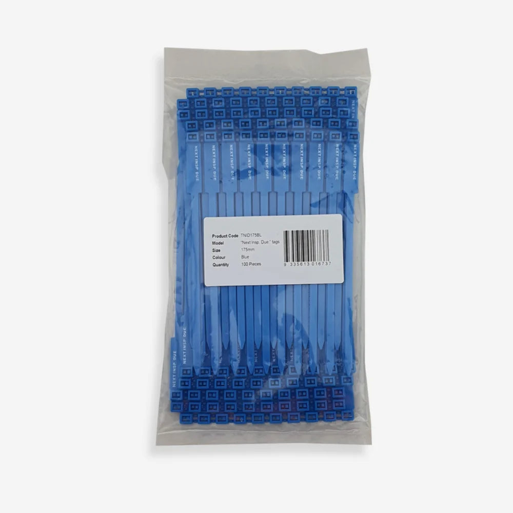 BST 203 blue rigging inspection tag displayed flat showing full dimensions and data entry sections