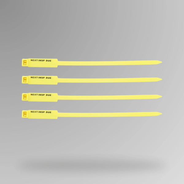 Yellow BST 204 Next Inspection Due rigging tag displayed upright showing clear inspection tracking fields