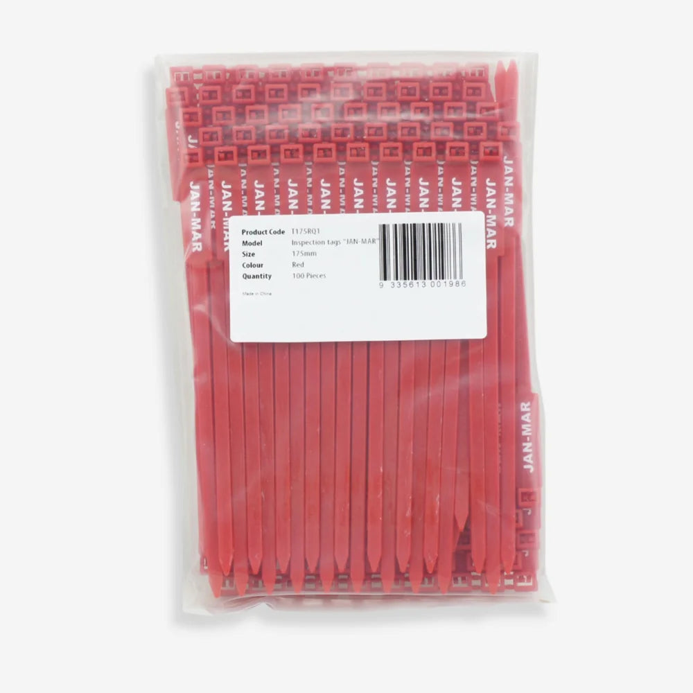 BST 205 red quarterly inspection tag laid flat displaying full dimensions and inspection period marking