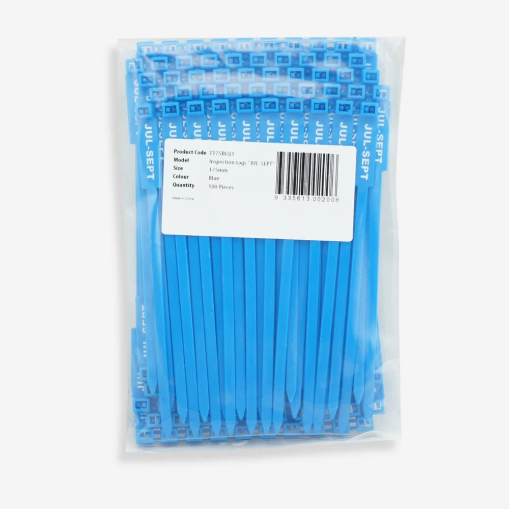 BST 207 blue quarterly inspection tag laid flat displaying full tag dimensions and Q3 period identification