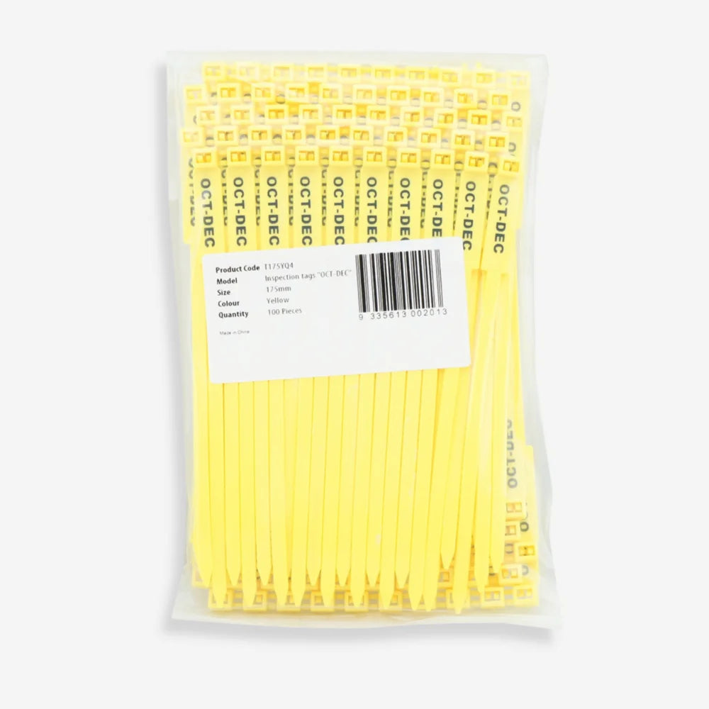 BST 208 yellow quarterly inspection tag shown flat revealing entire surface and Q4 period marking