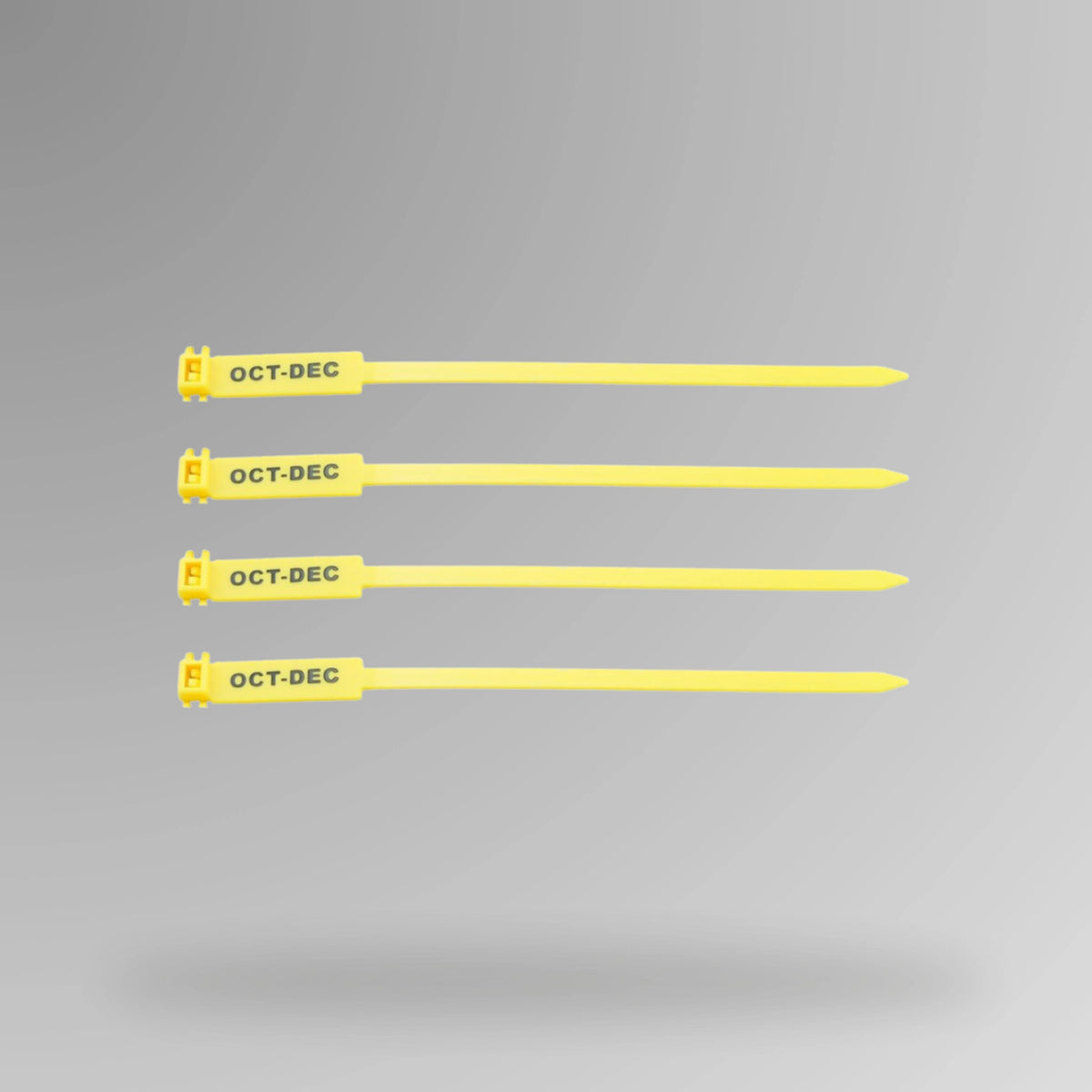 Yellow BST 208 Oct to Dec quarterly rigging inspection tag displayed upright showing fourth quarter identification