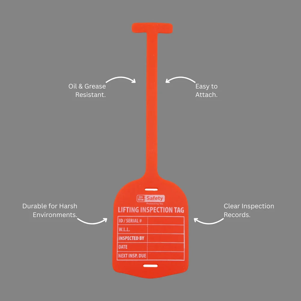 Benefits callout highlighting BST 209 red silicone lifting tag weather resistance and inspection tracking durability