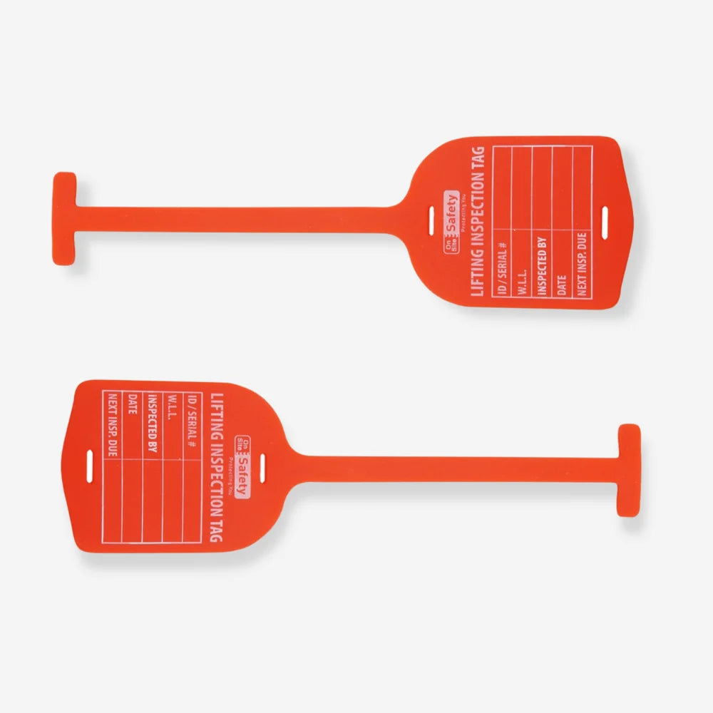 BST 209 red silicone lifting tag laid flat showing full 220 x 50mm dimensions and data recording fields