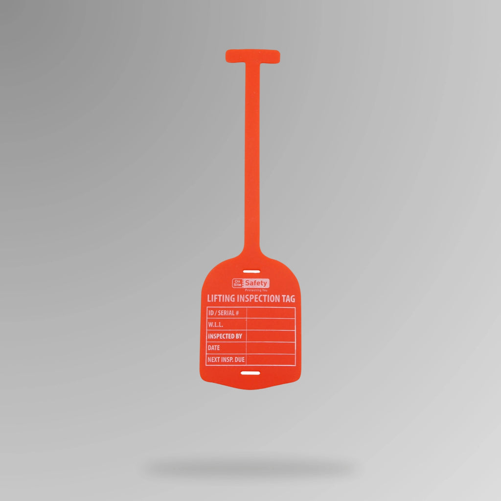 Red BST 209 silicone lifting inspection tag shown upright displaying durable construction and writing surface
