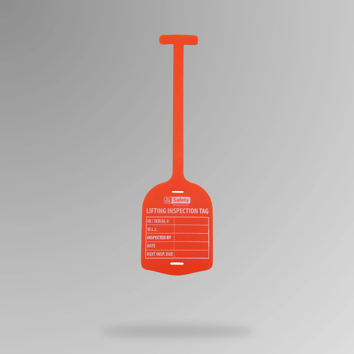 Red BST 209 silicone lifting inspection tag shown upright displaying durable construction and writing surface