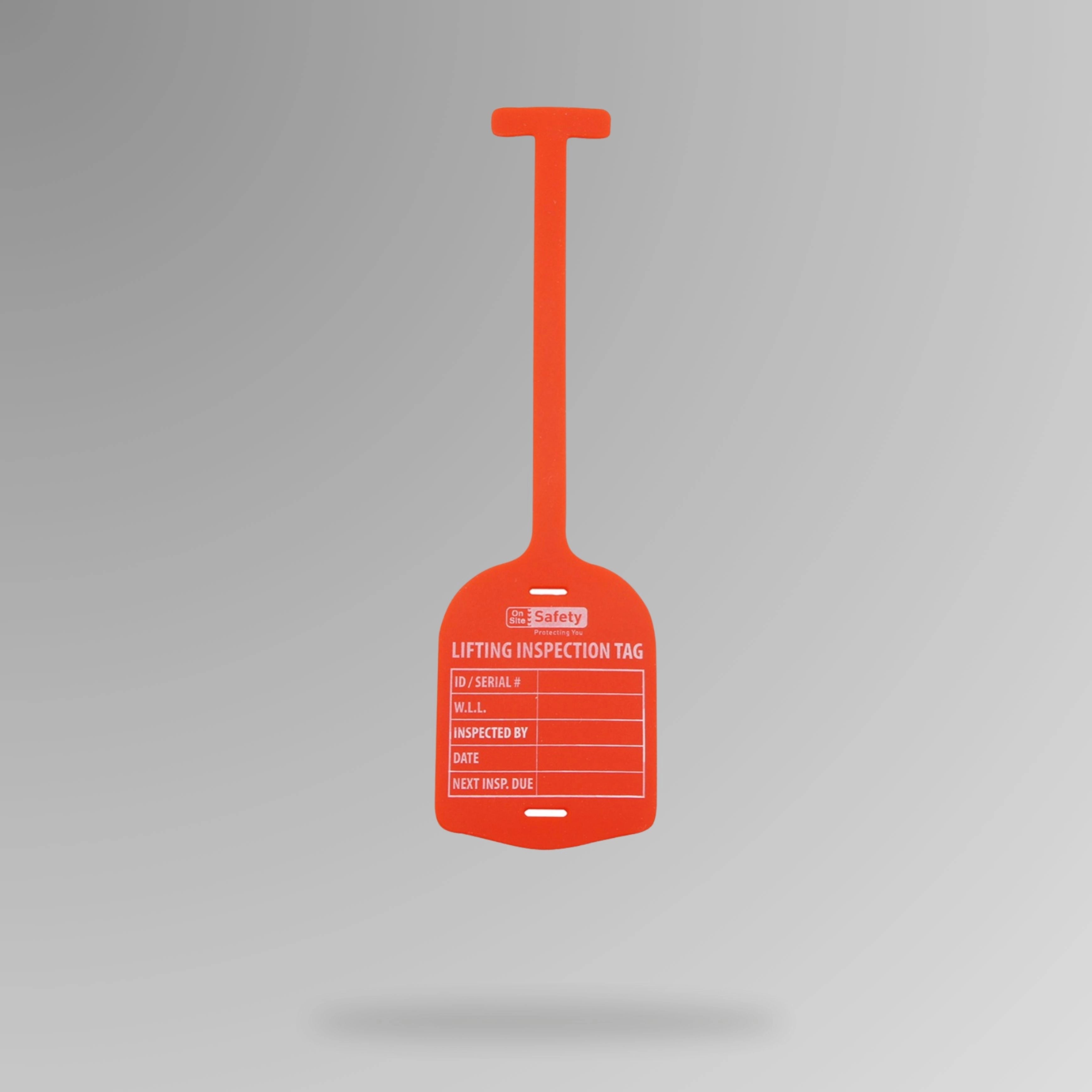 Red BST 209 silicone lifting inspection tag shown upright displaying durable construction and writing surface