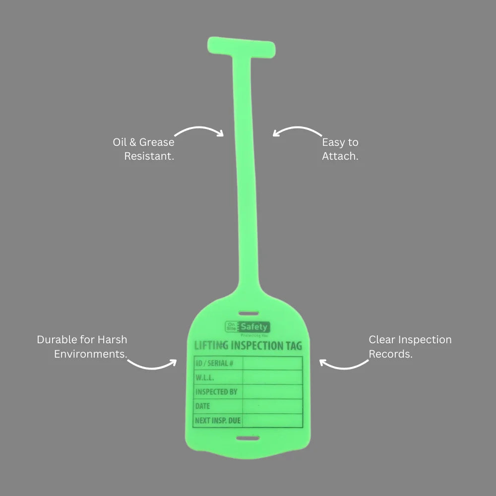 Benefits callout presenting BST 210 green silicone lifting tag resilience and compliance recording features