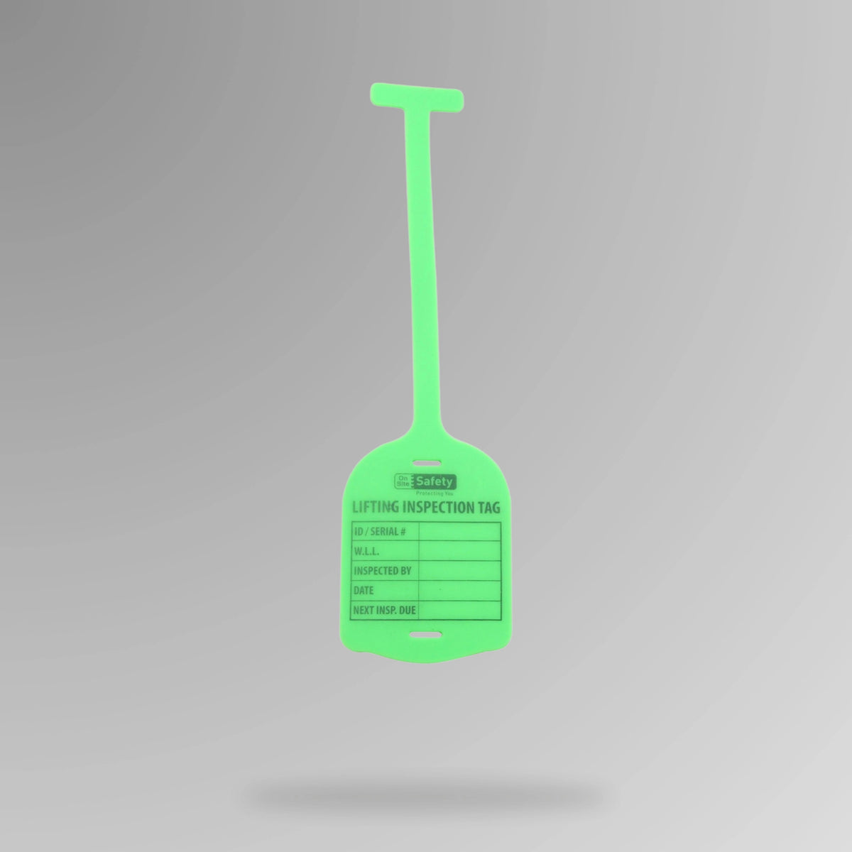 Green BST 210 silicone lifting inspection tag displayed upright showing robust material and inspection fields