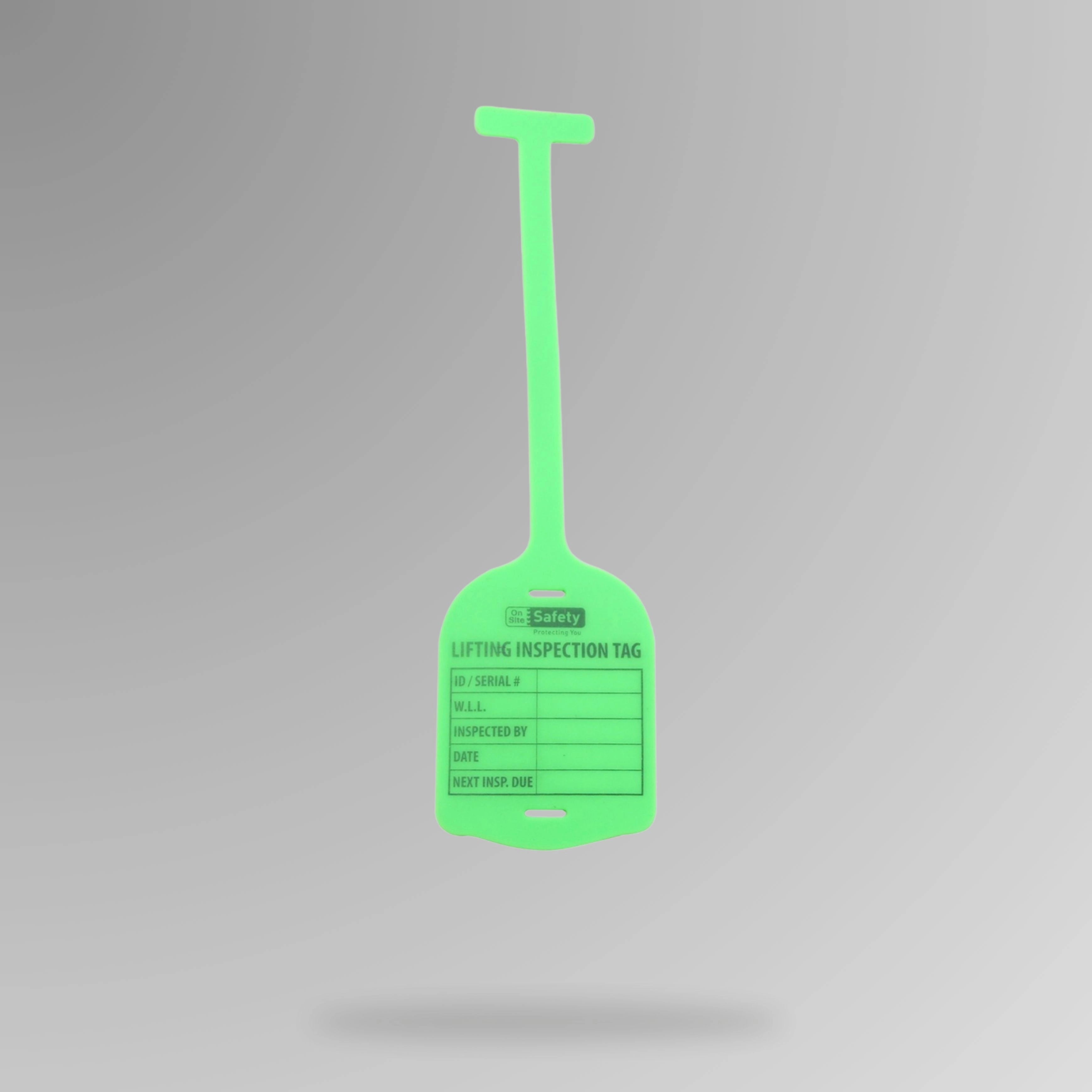 Green BST 210 silicone lifting inspection tag displayed upright showing robust material and inspection fields