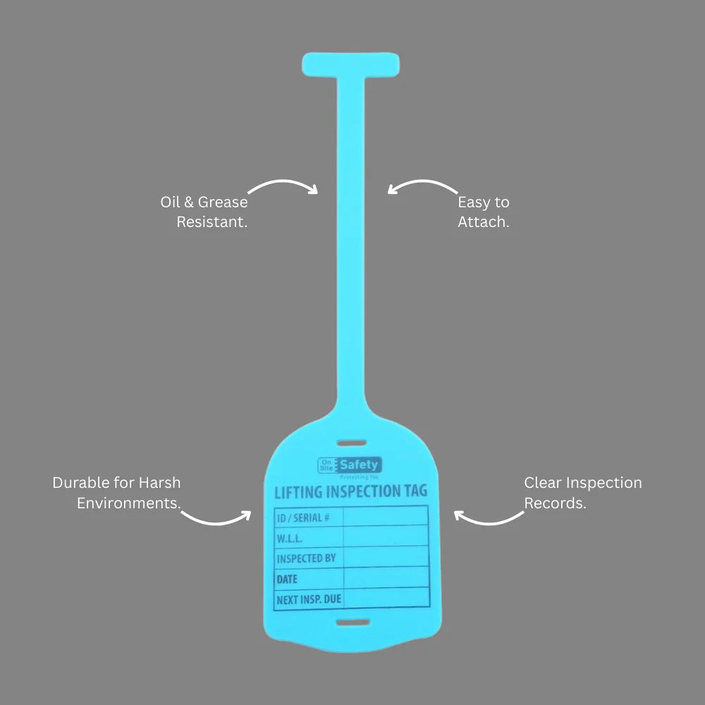 Benefits callout demonstrating BST 211 blue silicone lifting tag toughness and safety confirmation capabilities