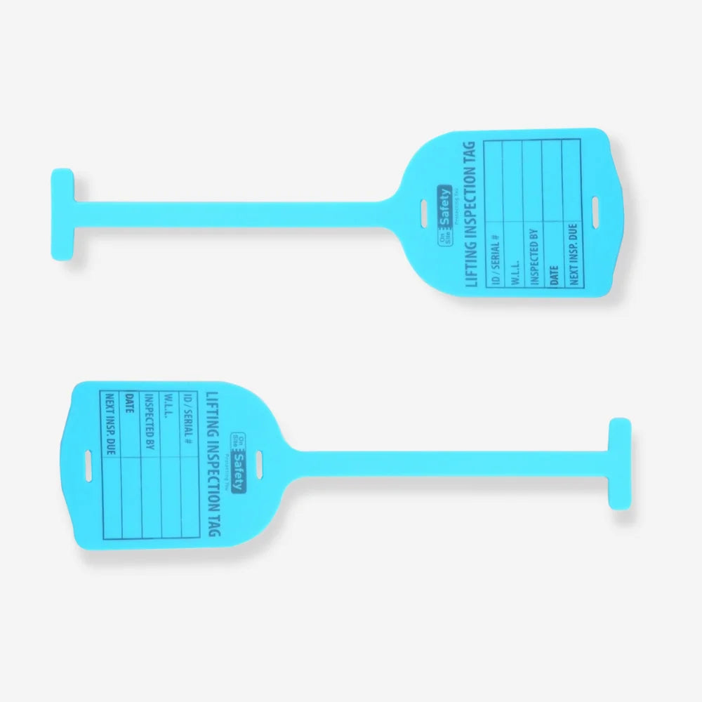 BST 211 blue silicone lifting tag laid flat showing full 220 x 50mm size and inspection recording sections