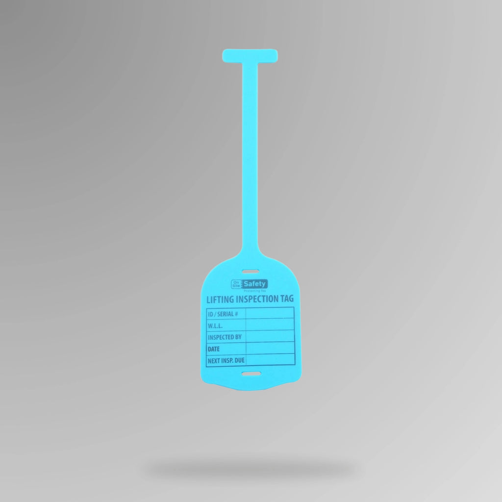 Blue BST 211 silicone lifting inspection tag shown upright displaying durable construction and data entry areas