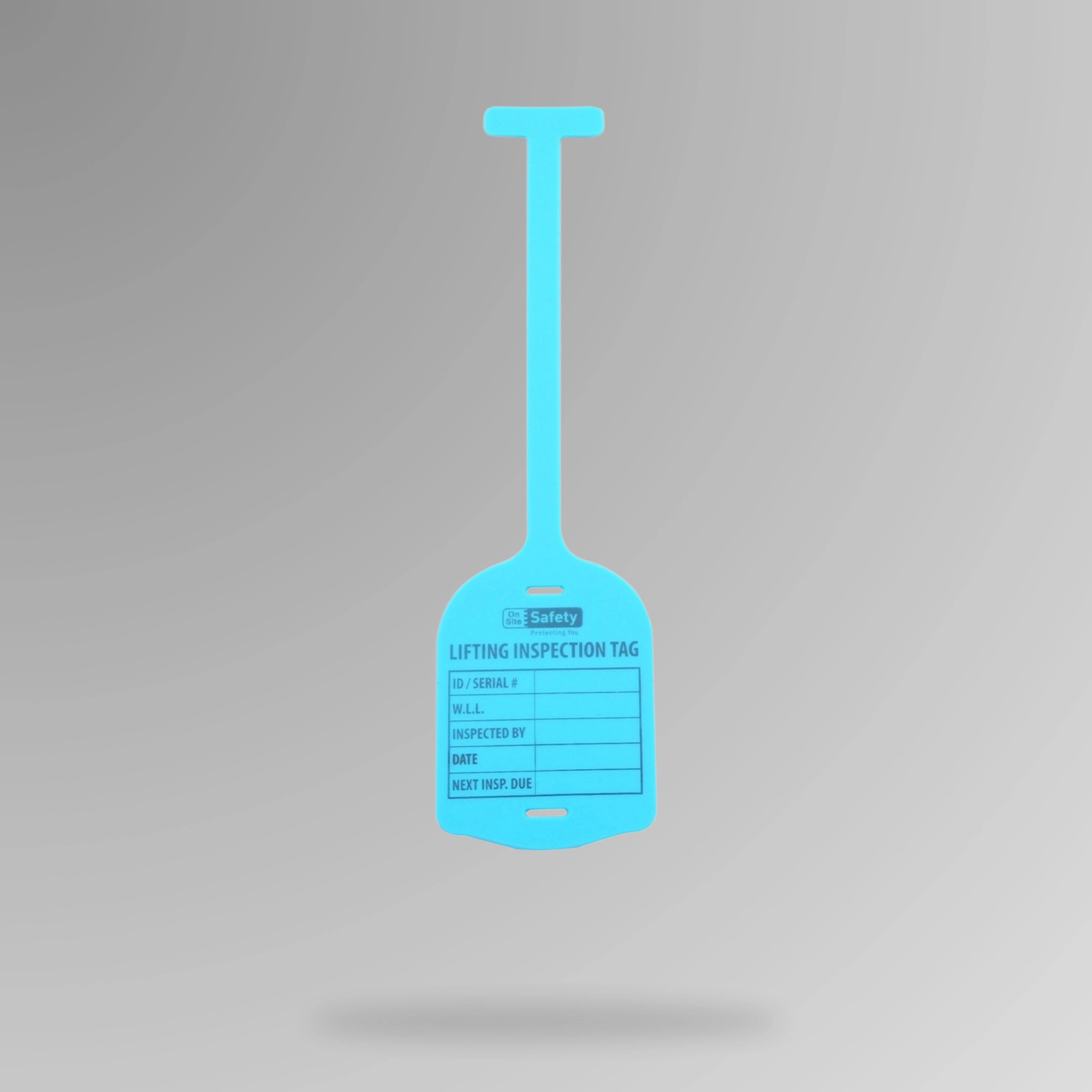Blue BST 211 silicone lifting inspection tag shown upright displaying durable construction and data entry areas