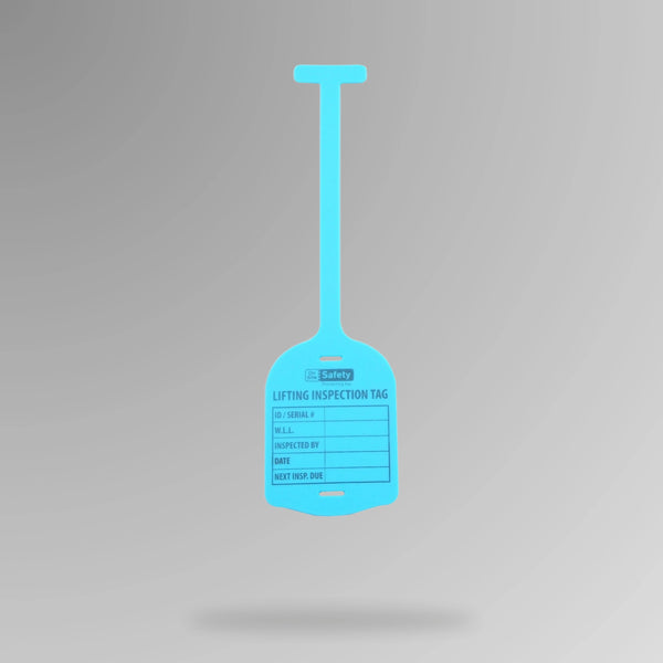 Blue BST 211 silicone lifting inspection tag shown upright displaying durable construction and data entry areas