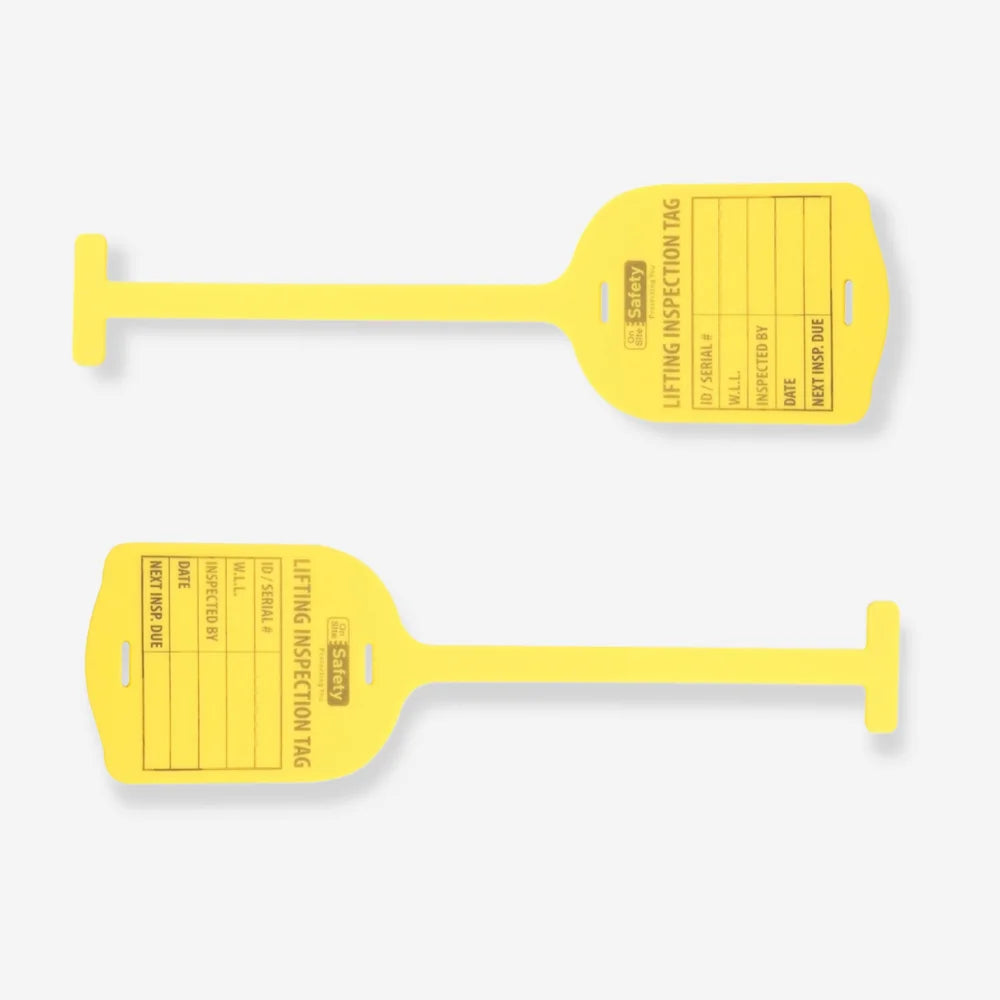 BST 212 yellow silicone lifting tag shown flat revealing entire writable surface and tag dimensions