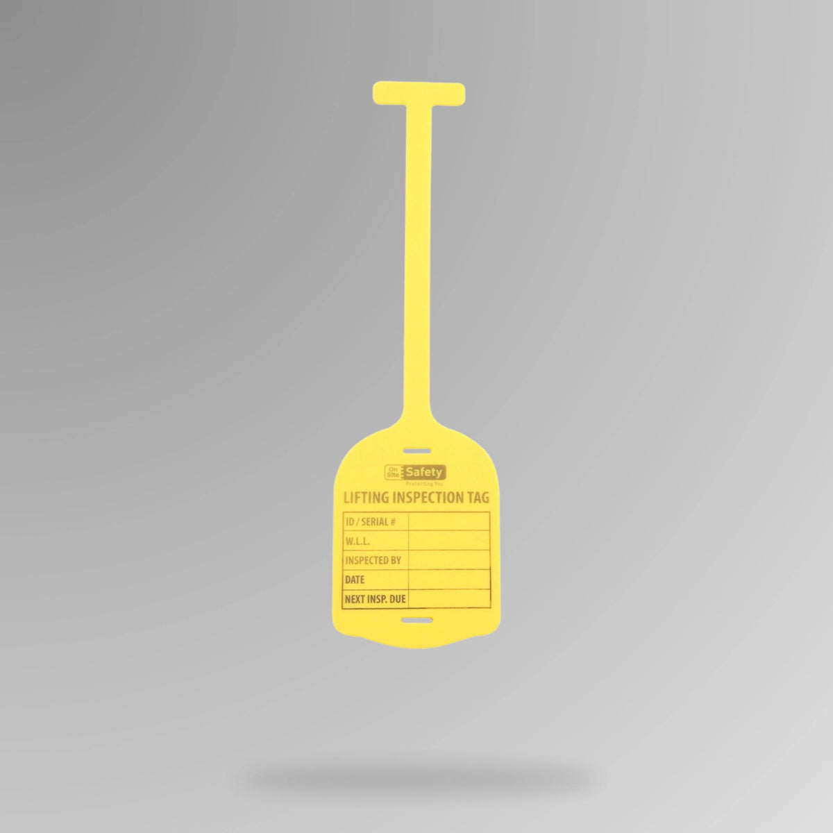 Yellow BST 212 silicone lifting inspection tag displayed upright showing resilient material and tracking fields