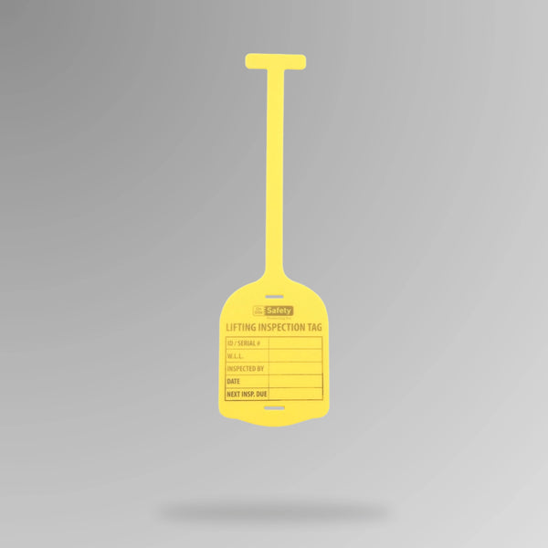 Yellow BST 212 silicone lifting inspection tag displayed upright showing resilient material and tracking fields