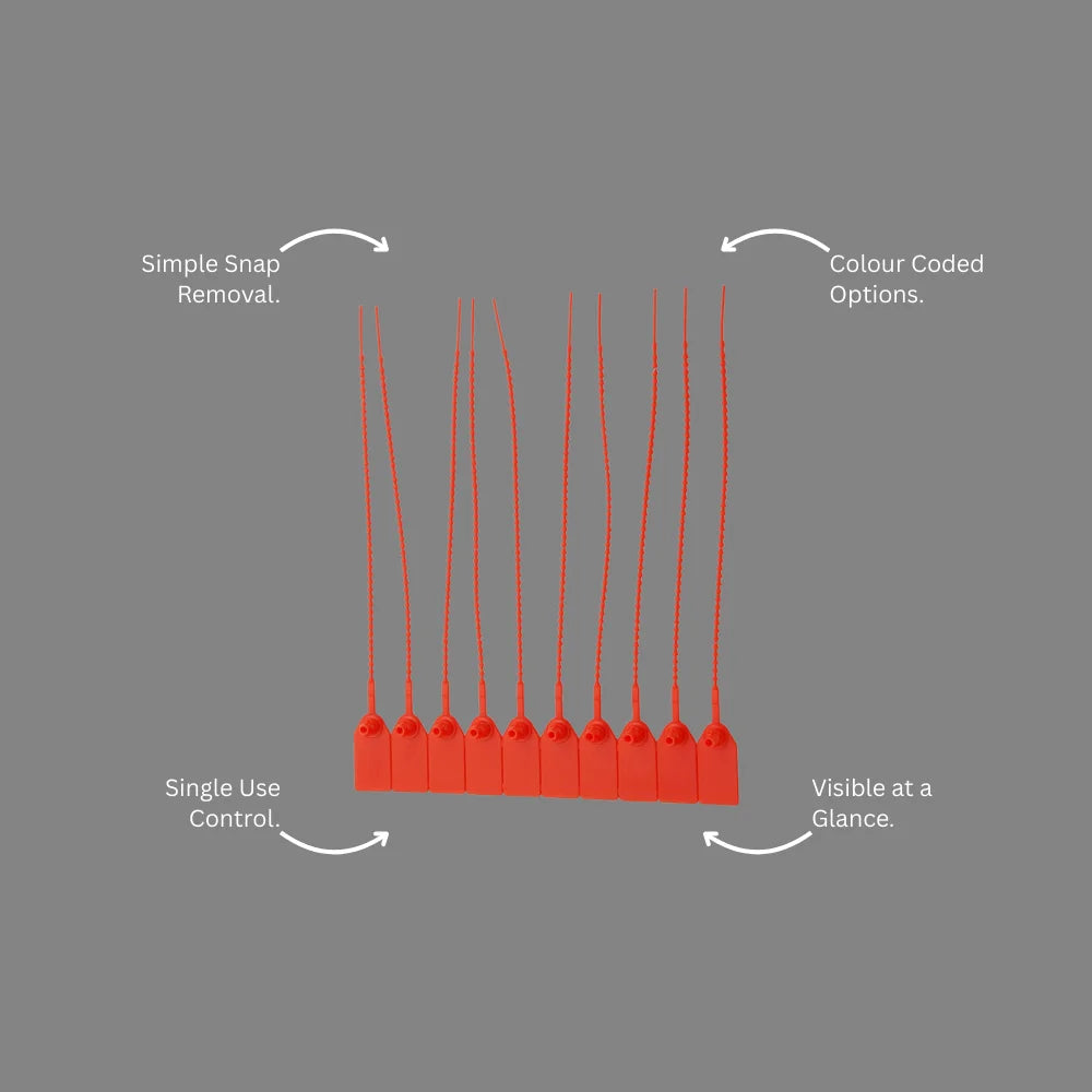 Benefits callout presenting BST 213 red security pull tag access control and tampering detection capabilities