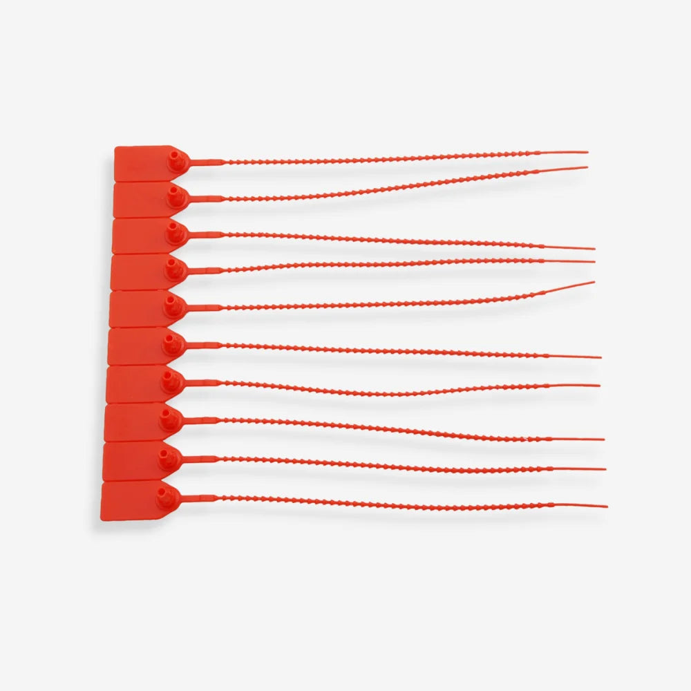 BST 213 red security pull tag laid flat showing full 216 x 19mm dimensions and tamper evident features