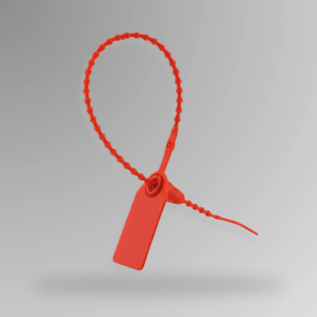 Red BST 213 tamper evident security pull tag shown upright displaying breakable seal and pull mechanism